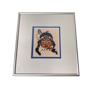 Petit Point Framed Wall Art, Native American Girl, Needlepoint